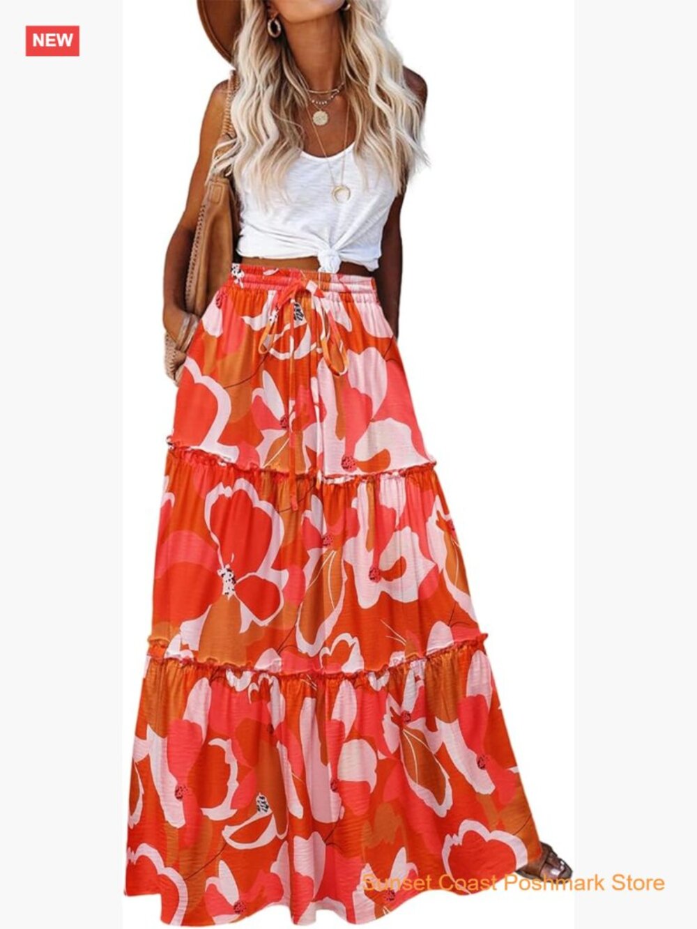 Womens High Waist Maxi Skirt with Pockets Boho Flowy Skirt